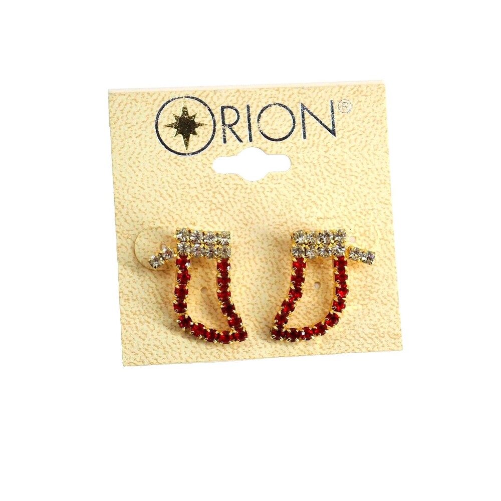 Christmas Stocking Post Earrings Red & Clear Rhinestone New with Tags Orion 3/4"